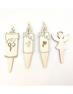 Set di candele da tomba in legno con simboli incisi e punta
