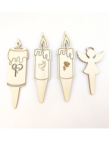 Set de velas de madera para tumbas con diseños grabados