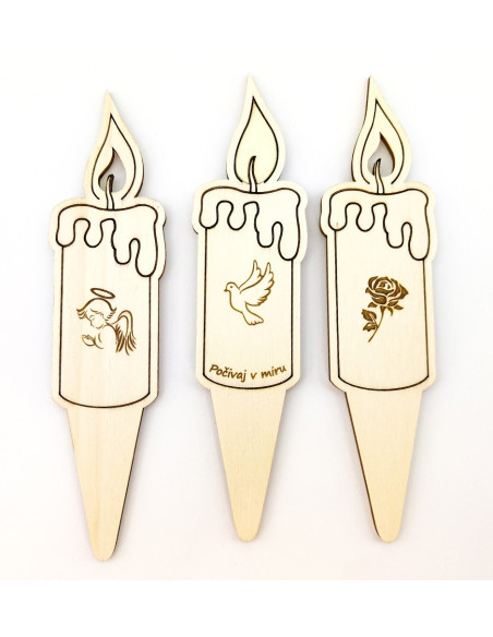 Three wooden grave candles with engraved angel, rose, and dove designs.