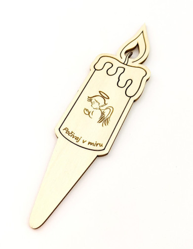 Wooden grave candle with angel engraving and custom text