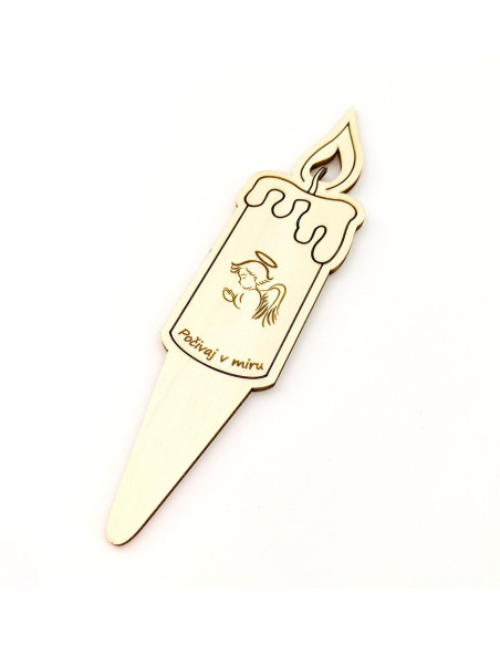 Wooden grave candle with angel engraving and custom text