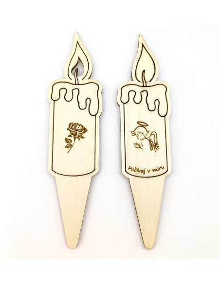 Wooden grave candle with rose design and personal message