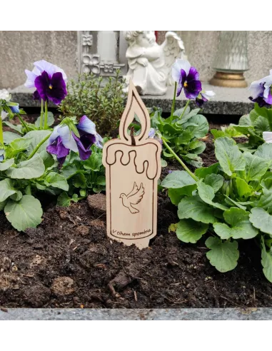 bougie en bois motif colombe pour tombe avec gravure