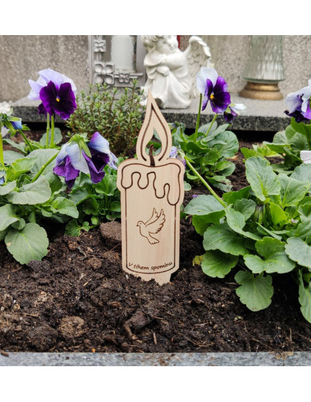 Wooden grave candle featuring a peace dove and engraved name