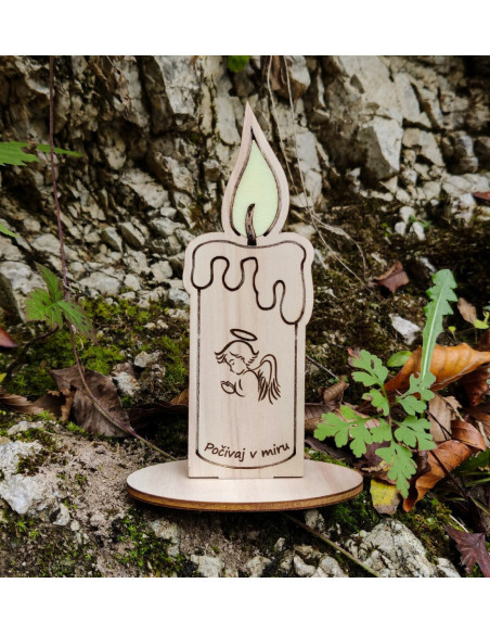 Candela da tomba in legno naturale con incisione