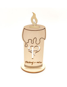 Wooden memorial candle with cross and heart engraving