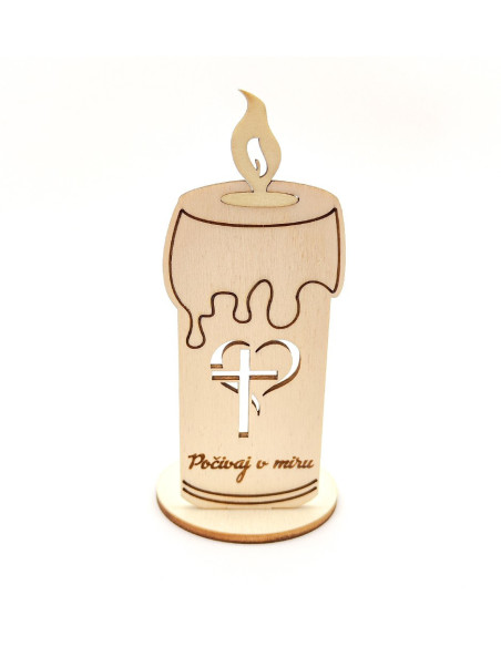 Wooden memorial candle with cross and heart engraving