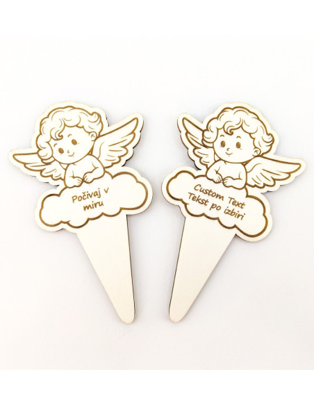 Wooden memorial angel decoration with built-in ground stake