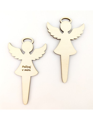 Silueta de ángel de madera con estaca y grabado personalizado.