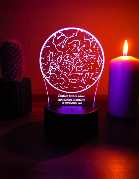 personalized star map night light showing custom constellations and text