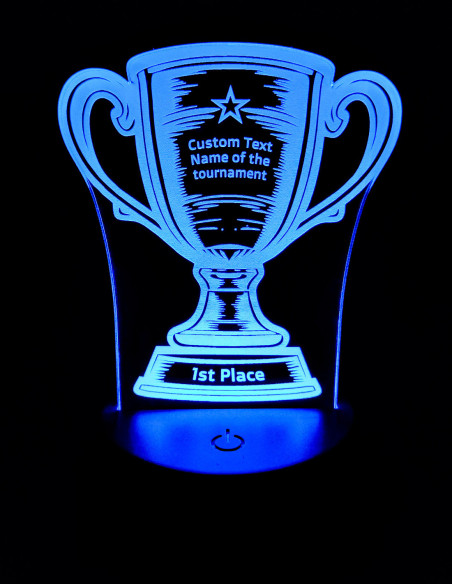 Personalized trophy LED lamp with custom engraved text on cup