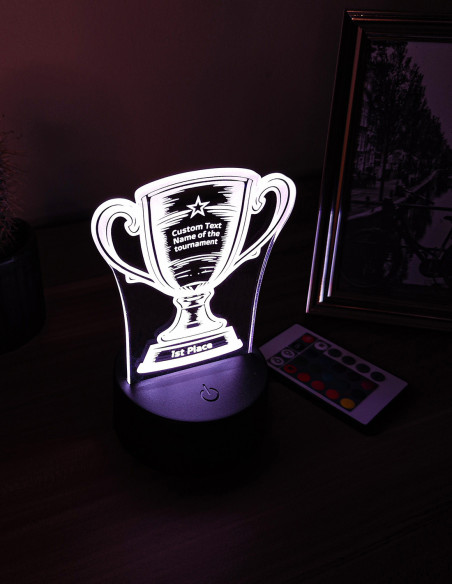 Personalized trophy LED lamp with custom engraved text on cup