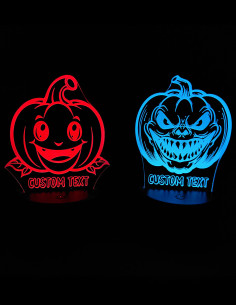 Halloween pumpkin LED lamps with friendly and scary faces side by side, both personalized with custom text.