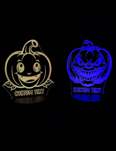Halloween pumpkin LED lamps with friendly and scary faces side by side, both personalized with custom text. 2