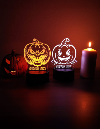 Lampki LED dynie na Halloween z przyjazną i straszną buzią, obie z personalizowanym tekstem