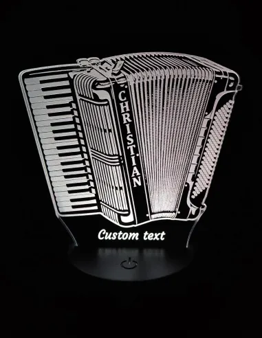 Personalized accordion lamp featuring custom name on the instrument and a message below.
