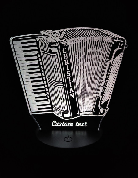 Personalized accordion lamp featuring custom name on the instrument and a message below.