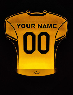 Personalized American football jersey night light with custom name and number illuminated.