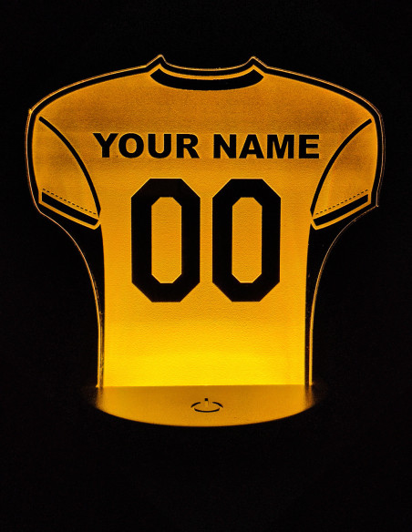 Personalized American football jersey night light with custom name and number illuminated.