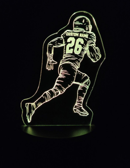 Personalized American football night light featuring a player with custom name and number on jersey.