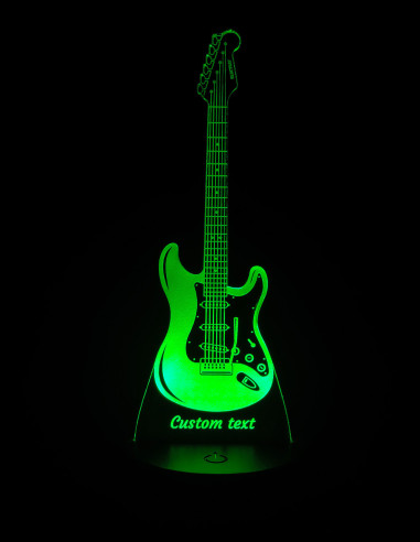 Primer plano del grabado láser de guitarra eléctrica en luz LED personalizada.