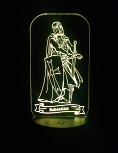 Personalized LED night light featuring a medieval knight with custom engraved name illuminated on acrylic panel. 2