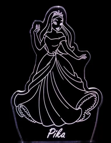 Engraved acrylic princess lamp illuminated in multiple colors, perfect personalized gift for girls.