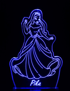 Princess LED night light glowing in blue with custom name engraving.
