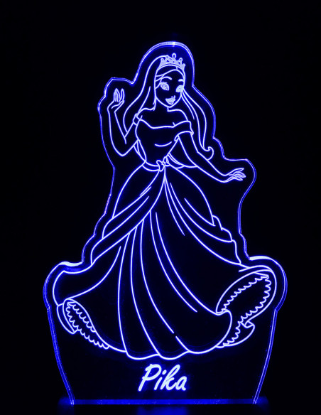 Princess LED night light glowing in blue with custom name engraving.