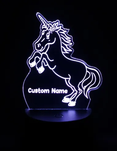 Magical unicorn lamp with engraved name, glowing in colorful LED light