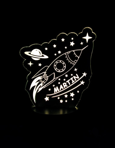 Luz nocturna cohete grabada con estrellas y planetas – regalo único infantil
