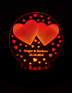 Lampe LED personnalisée deux cœurs avec prénoms et date