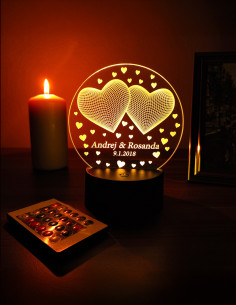 Personalizowana lampka nocna LED z dwoma sercami, imionami i datą 2