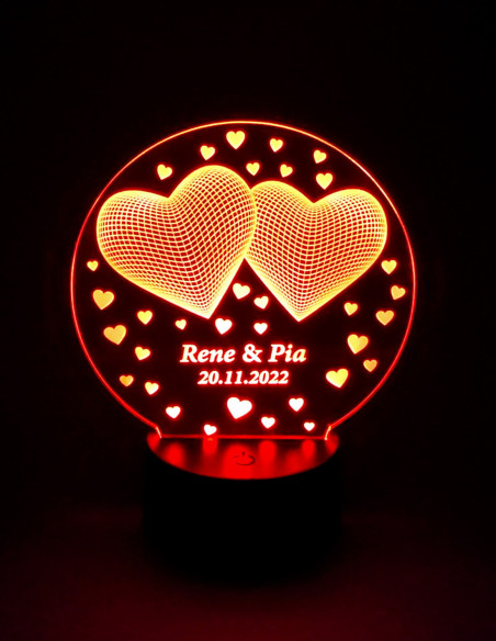 Lampe LED personnalisée deux cœurs avec prénoms & date | Cadeau romantique
