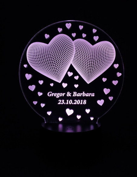 Lampe LED personnalisée deux cœurs avec prénoms & date | Cadeau romantique