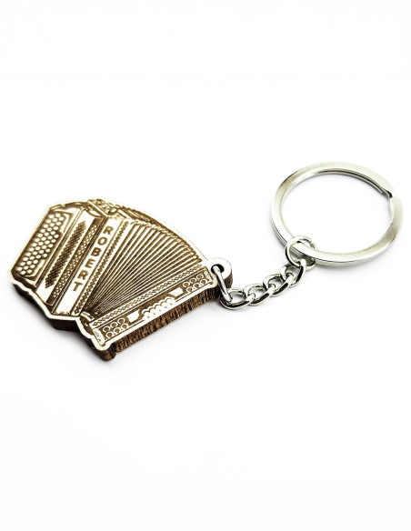 Personalized keychain resembling a Steirische button accordion, made of wood