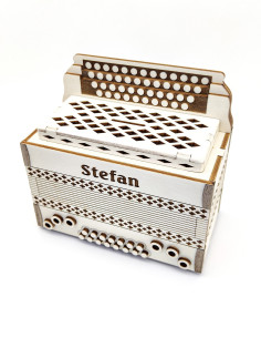 Personalized wooden accordion money box with engraved name on front