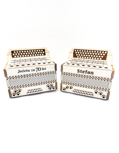 Two personalized accordion-shaped wooden money boxes, music-themed gifts