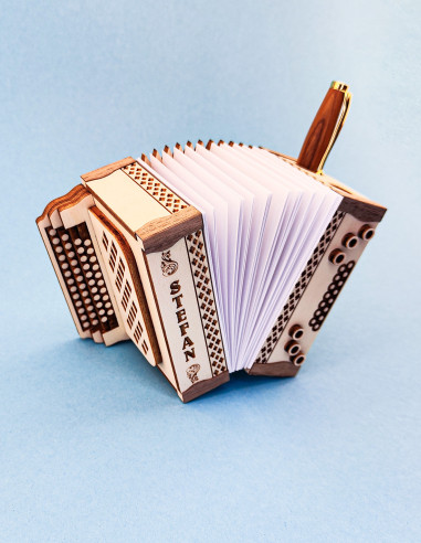 Accordion shaped wooden office organizer with personalized name.