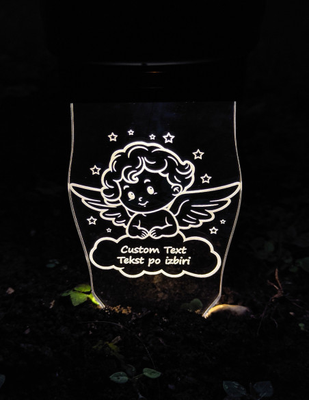 Solar-powered grave candle with angel illustration and engraved text