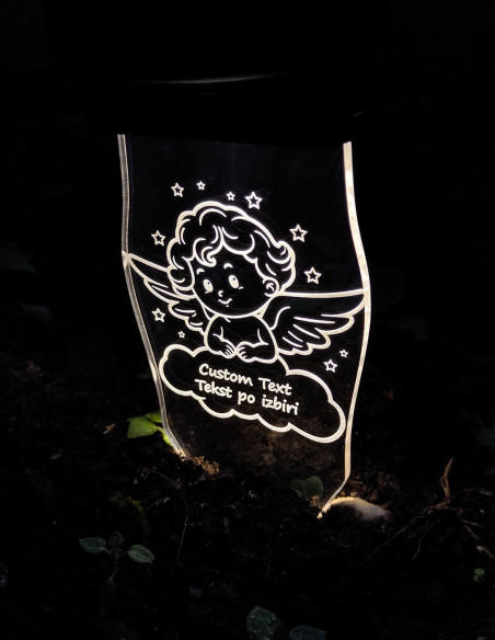 Solar-powered grave candle with angel illustration and engraved text