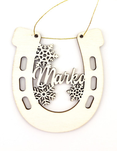 Personalized holiday ornament with snowflakes and horseshoe design