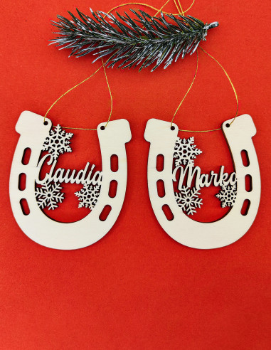 Personalized holiday ornament with snowflakes and horseshoe design