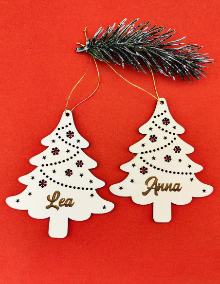 Custom name ornament shaped like a decorated Christmas tree