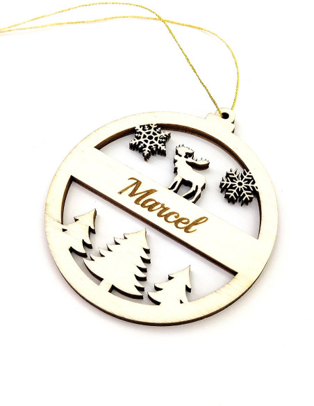 Dettaglio decorazione con nome Marcel e paesaggio invernale