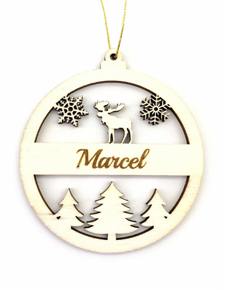 Personalized Christmas ornament featuring moose, snowflakes, and engraved name