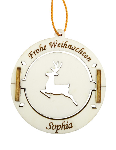 Personalized spinning christmas ornament with reindeer center and custom text