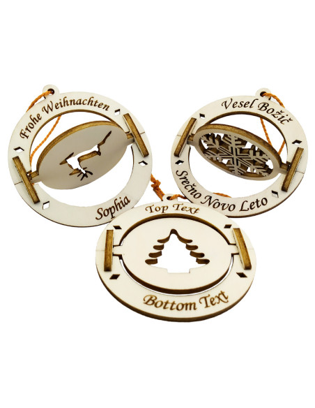 Set of personalized spinning christmas ornaments showing three center designs