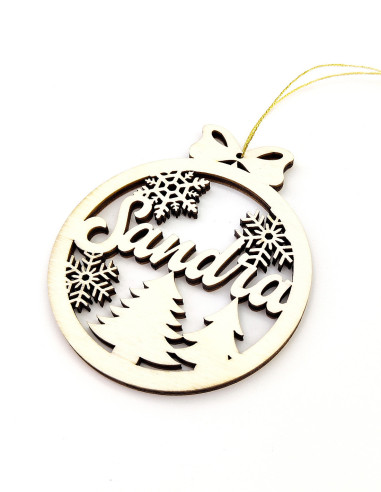 Adorno navideño personalizado con nombre, copos y abetos