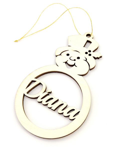 Custom name snowman tree decoration used as a gift tag
